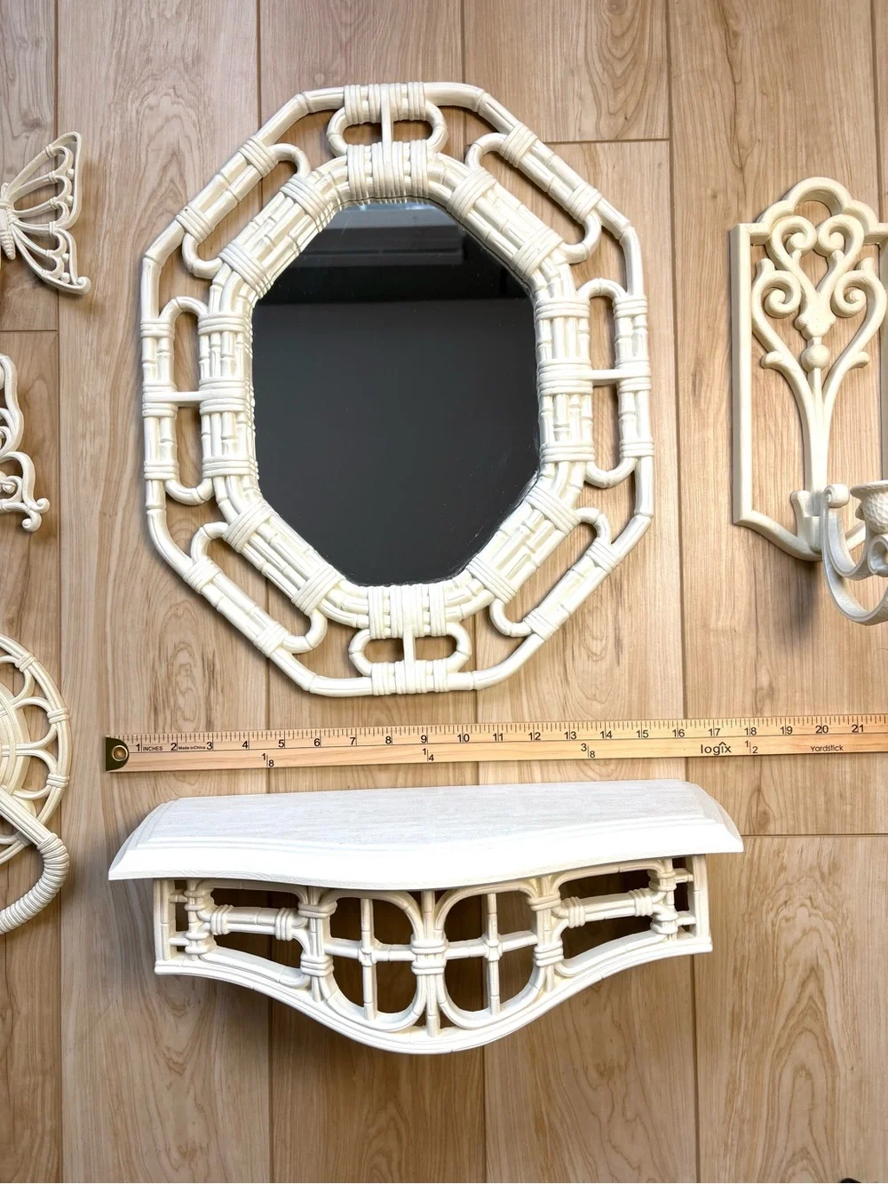 Vintage decor boho bamboo wicker mirror butterflies shelf towel & candle holder